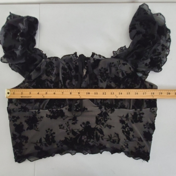 Black Floral Lace Mesh Milkmaid Top Plus Size 2XL Ruffle Flutter Sleeve Coquette - Picture 6 of 11